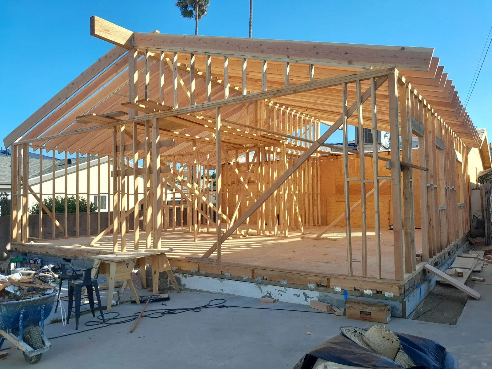 New residential addition with complete wall and roof framing